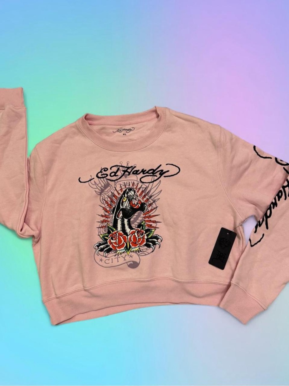 NWT Ed Hardy Pink Crewneck Sweatshirt with Tattoo Rose & Snake Graphic
